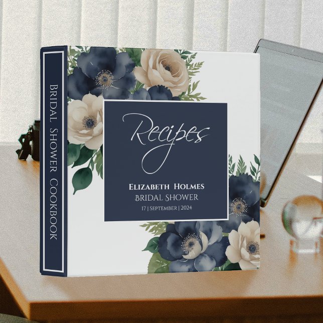 Navy Blue and Cream Floral Bridal Shower Recipe 3 Ring Binder (Creator Uploaded)
