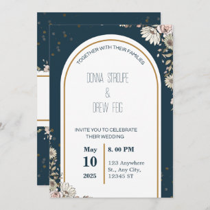 Navy Blue and Cream Illustrated Flowers Wedding  Invitation