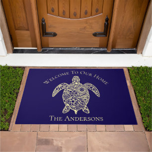 Navy Blue and Cream Mandala Sea Turtle Doormat