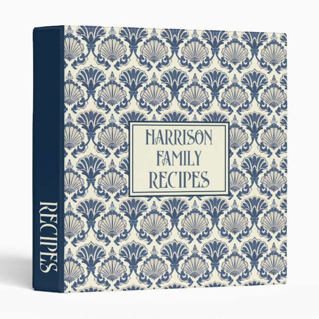 Navy Blue and Cream Seashell Pattern Recipe 3 Ring Binder (Front/Spine)