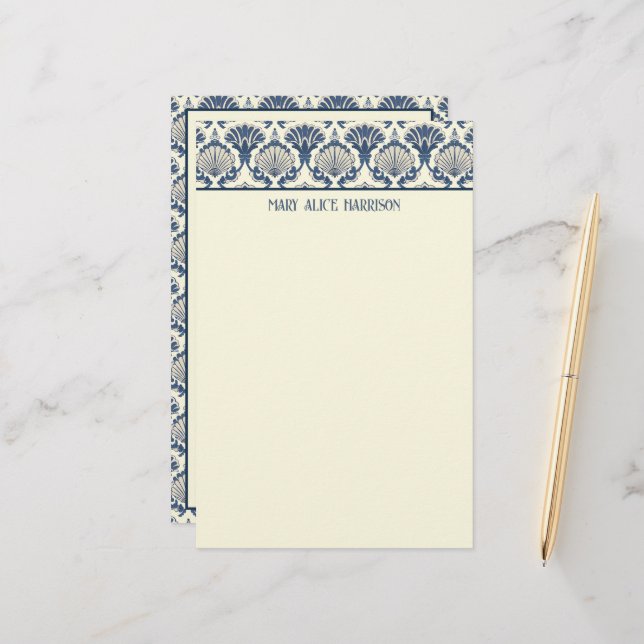 Navy Blue and Cream Seashell Pattern  Stationery (Front/Back In Situ)