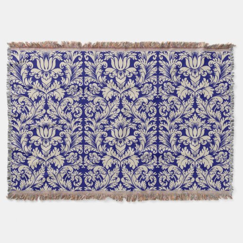 Navy Blue And Cream Vintage Floral Damasks 8 Throw Blanket
