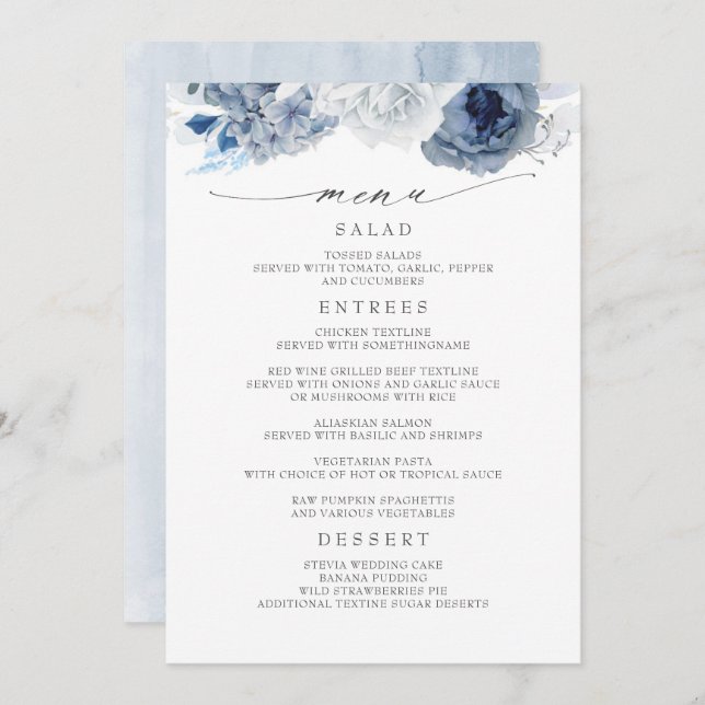 Navy Blue and Dusty Blue Floral Wedding Menu (Front/Back)
