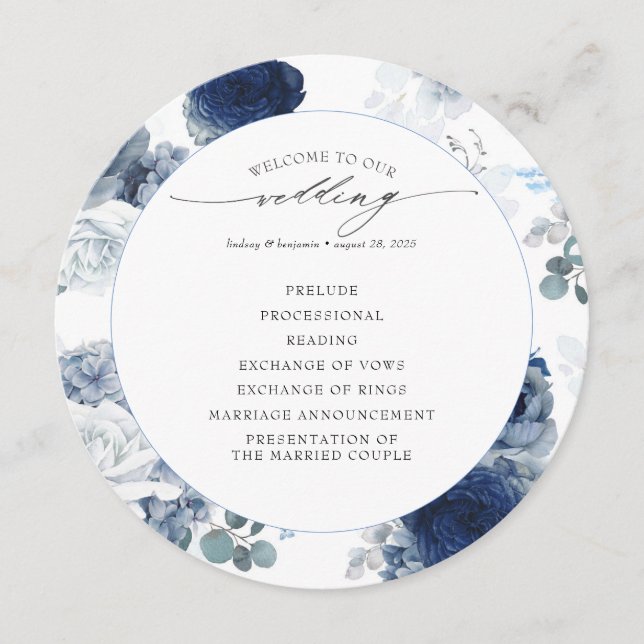 Navy Blue and Dusty Blue Floral Wedding Program (Front)