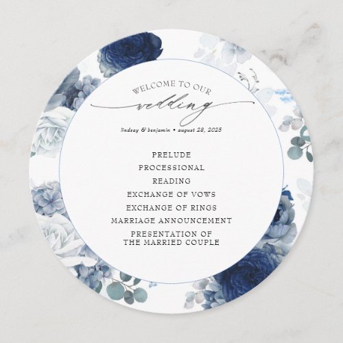 Navy Blue and Dusty Blue Floral Wedding Program