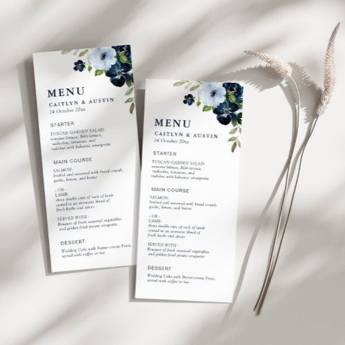 Navy blue and dusty blue wedding menu