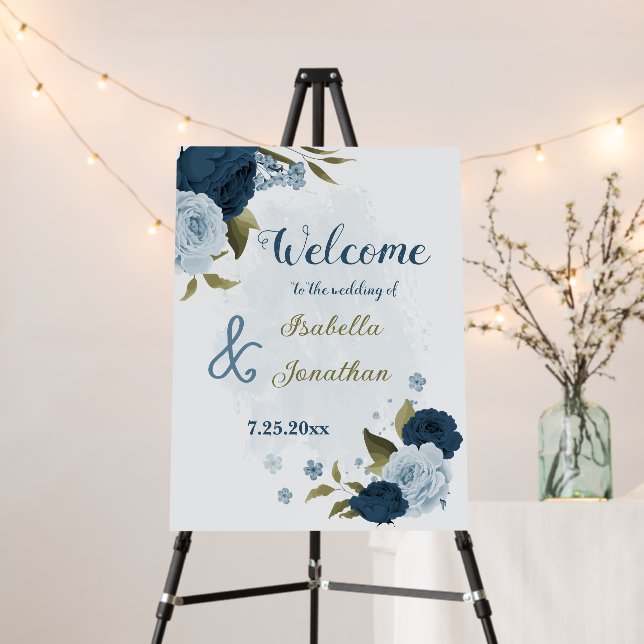 navy blue and dusty blue wedding welcome sign (In Situ (Stand))