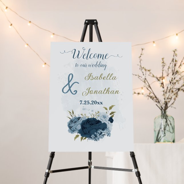 navy blue and dusty blue wedding welcome sign (In Situ (Stand))