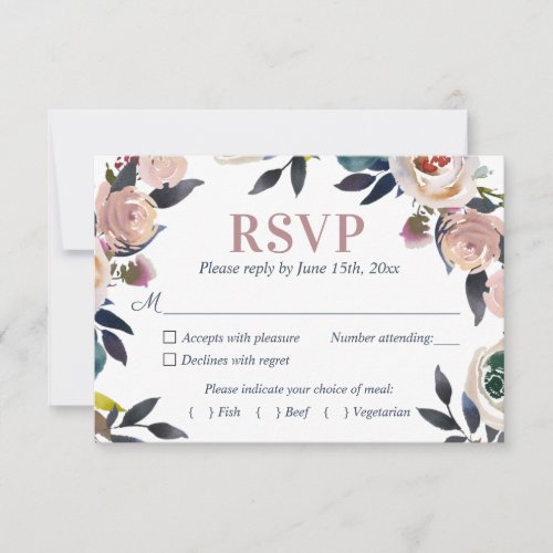 Navy Blue and Dusty Pink Floral Elegant Wedding RSVP Card