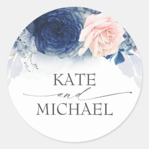 Navy Blue and Dusty Pink Floral Wedding Classic Round Sticker
