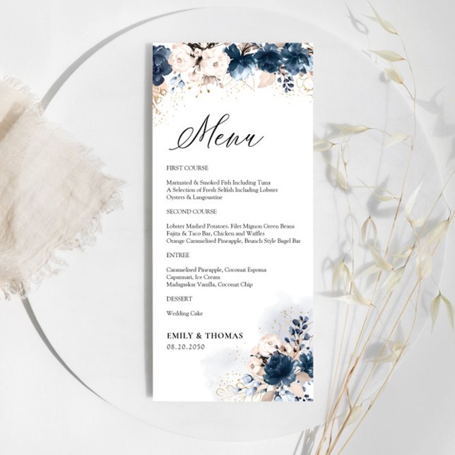 Navy Blue and Dusty Rose Floral Wedding Menu (Creator Uploaded)