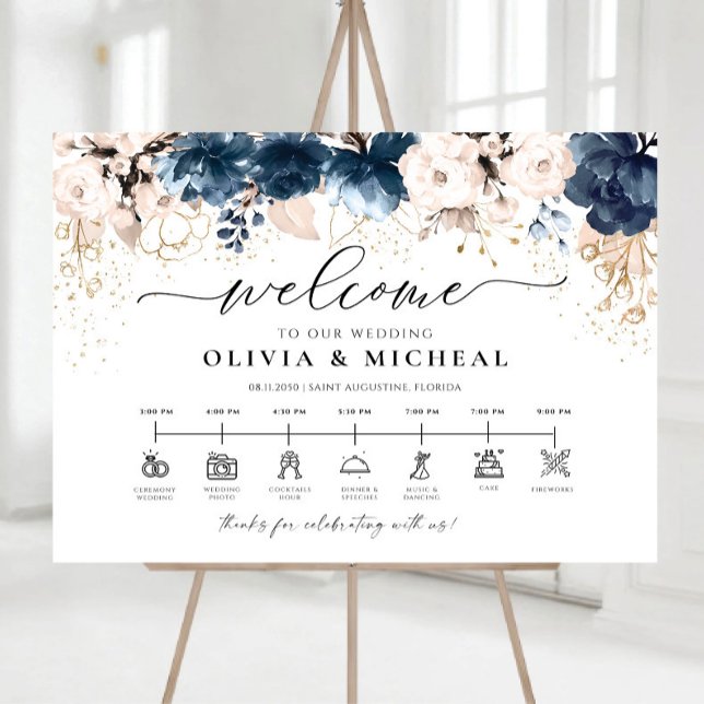 Navy Blue and Dusty Rose Wedding Ceremony Timeline Foam Board (Creator Uploaded)