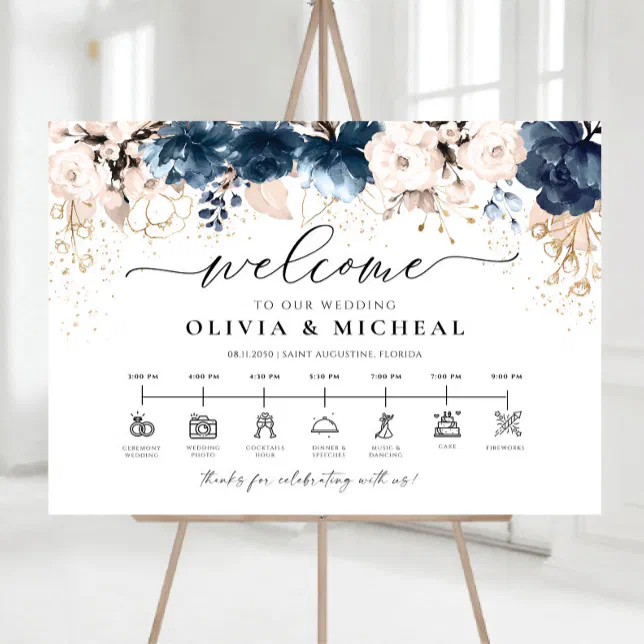 Navy Blue and Dusty Rose Wedding Ceremony Timeline Foam Board | Zazzle