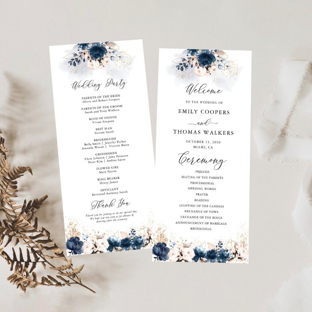 Navy Blue and Dusty Rose Wedding Program (Creator Uploaded)