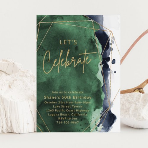 Navy Blue and Emerald Watercolor Birthday Party Invitation