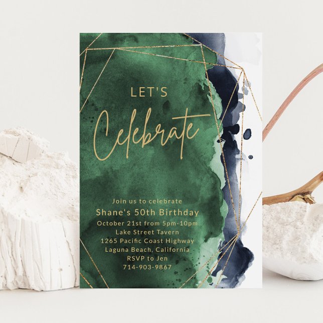 Navy Blue and Emerald Watercolor Birthday Party Invitation (Creator Uploaded)