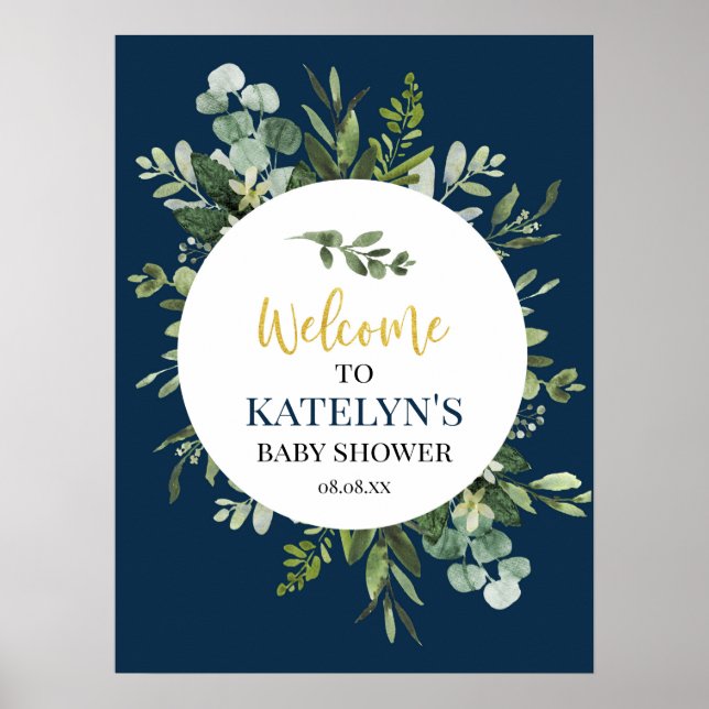 Navy Blue and Eucalyptus Greenery Welcome Sign (Front)