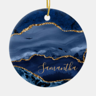 Navy Blue and Fake Gold Glitter Marble Agate Ceramic Ornament