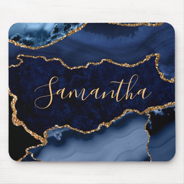 Navy Blue and Fake Gold Glitter Marble Agate Mouse Pad (Front)