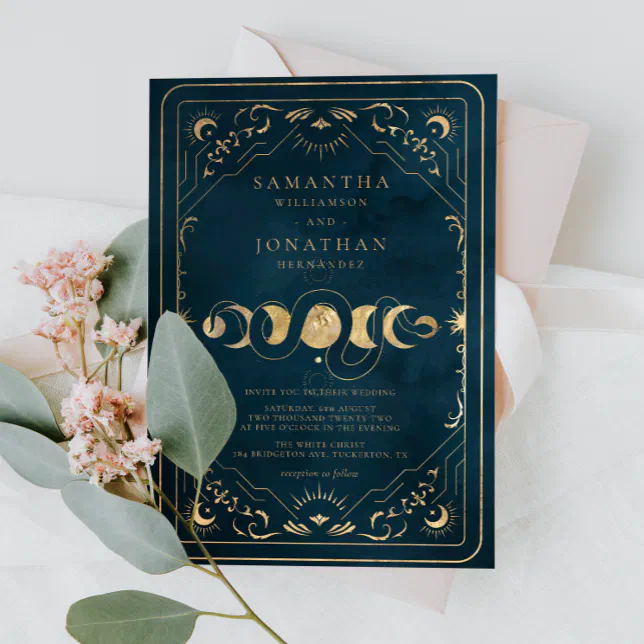 Navy Blue and Faux Gold Elegant Celestial Wedding Invitation | Zazzle