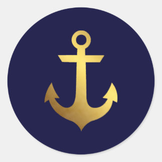 Navy Blue and Faux Gold Foil Anchor Classic Round Sticker
