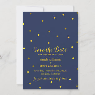 Navy Blue and Faux Gold Foil Dots Save the Date