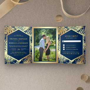 Navy Blue and Faux Gold Foil Tropical Palm Wedding Tri-Fold Invitation