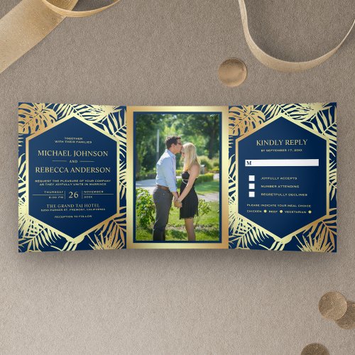 Navy Blue and Faux Gold Foil Tropical Palm Wedding Tri_Fold Invitation