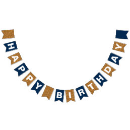 Navy Blue and Faux Gold Glitter Happy Birthday Bunting Flags