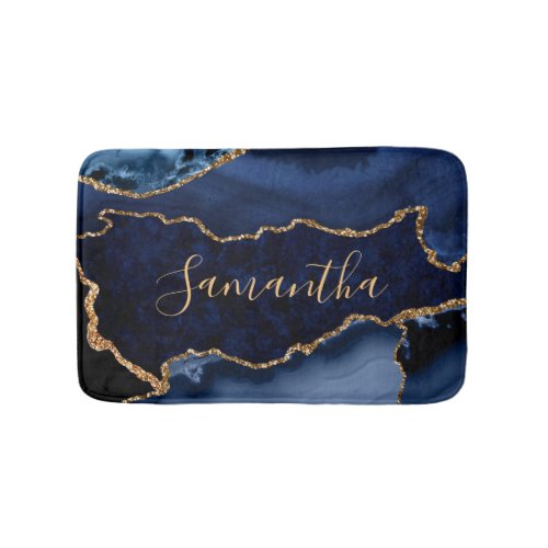 Navy Blue and Faux Gold Glitter Marble Agate Bath Mat