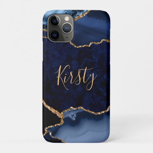 Navy Blue and Faux Gold Glitter Marble Agate iPhone 11 Pro Case