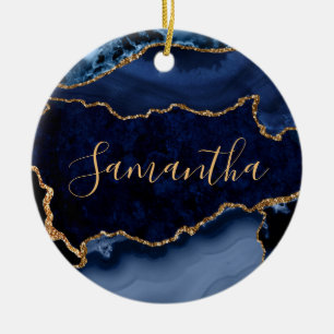 Navy Blue and Faux Gold Glitter Marble Agate Ceramic Ornament