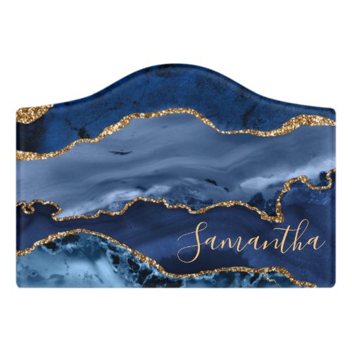 Navy Blue and Faux Gold Glitter Marble Agate Door Sign