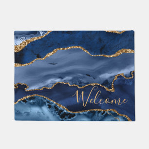 Navy Blue and Faux Gold Glitter Marble Agate Doormat
