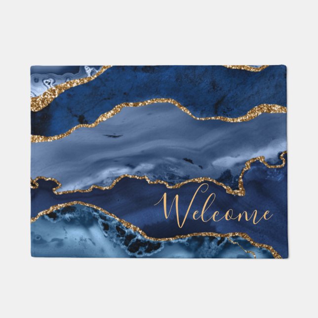 Navy Blue and Faux Gold Glitter Marble Agate Doormat (Front)