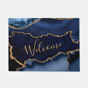 Navy Blue and Faux Gold Glitter Marble Agate Doormat