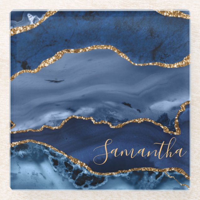 Navy Blue and Faux Gold Glitter Marble Agate Glass Coaster (Front)