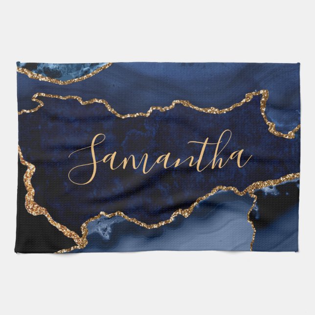 Navy Blue and Faux Gold Glitter Marble Agate Kitchen Towel (Horizontal)