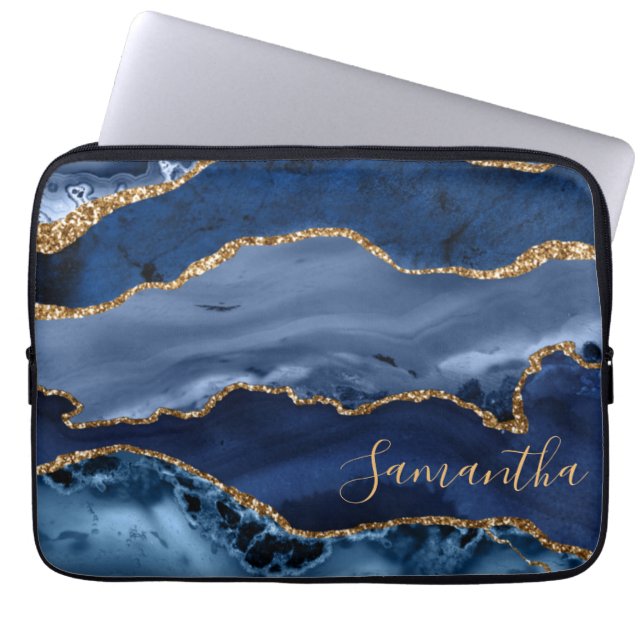 Navy Blue and Faux Gold Glitter Marble Agate Laptop Sleeve (Front)