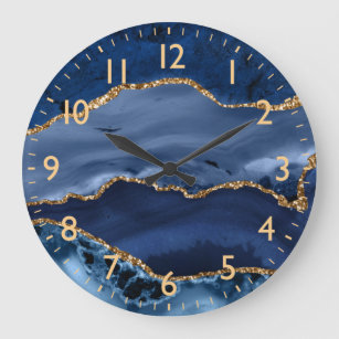 Navy Blue and Faux Gold Glitter Marble Agate Large Clock