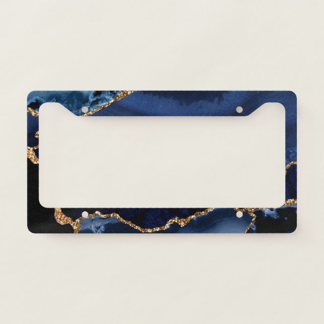 Navy Blue and Faux Gold Glitter Marble Agate License Plate Frame (Front)