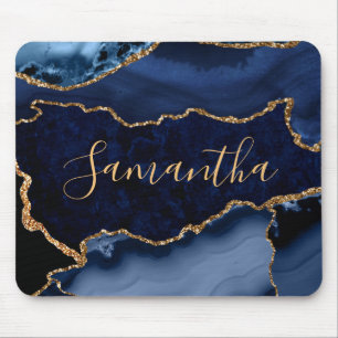 Navy Blue and Faux Gold Glitter Marble Agate Mouse Pad