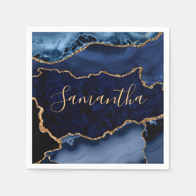 Navy Blue and Faux Gold Glitter Marble Agate Napkins (Front)