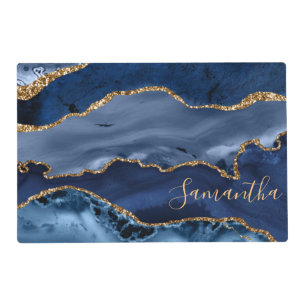 Navy Blue and Faux Gold Glitter Marble Agate Placemat