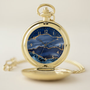 Navy Blue and Faux Gold Glitter Marble Agate Pocket Watch