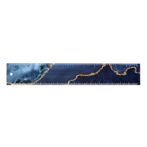 Navy Blue and Faux Gold Glitter Marble Agate Ruler