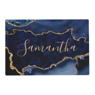 Navy Blue and Faux Gold Glitter Marble Agate Servi Placemat
