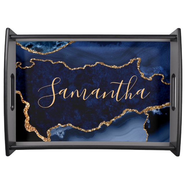 Navy Blue and Faux Gold Glitter Marble Agate Serving Tray (Front)