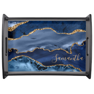 Navy Blue and Faux Gold Glitter Marble Agate Serving Tray