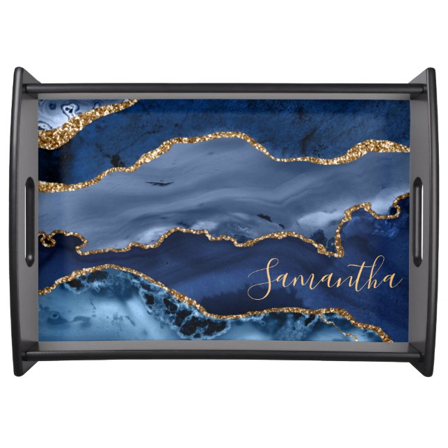 Navy Blue and Faux Gold Glitter Marble Agate Serving Tray (Front)